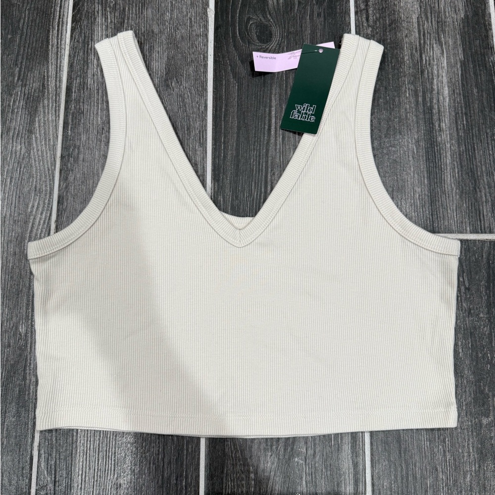Wild Fable Beige Ribbed V-Neck Top